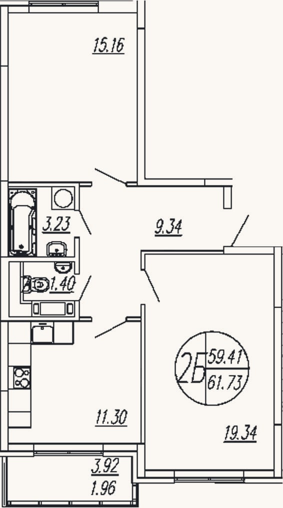 Планировка: 2-к, 59,8 м²