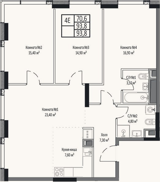 Планировка: 4+ к, 93,8 м²