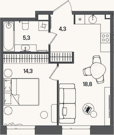 Планировка: 2-к, 42,7 м²