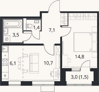Планировка: 2-к, 43,6 м²