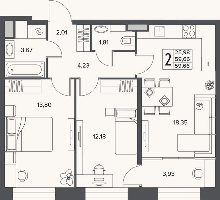 Планировка: 3-к, 59,7 м²