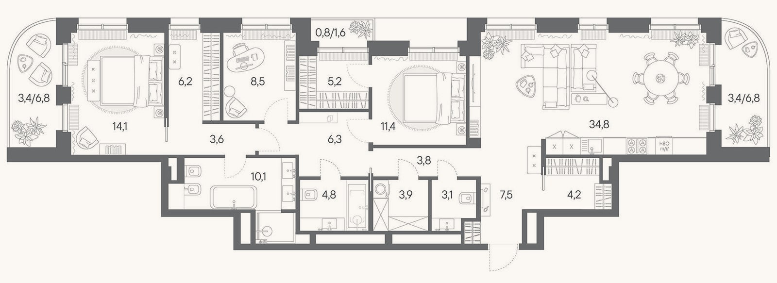 Планировка: 4+ к, 127,5 м²