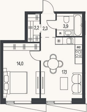 Планировка: 2-к, 39,5 м²