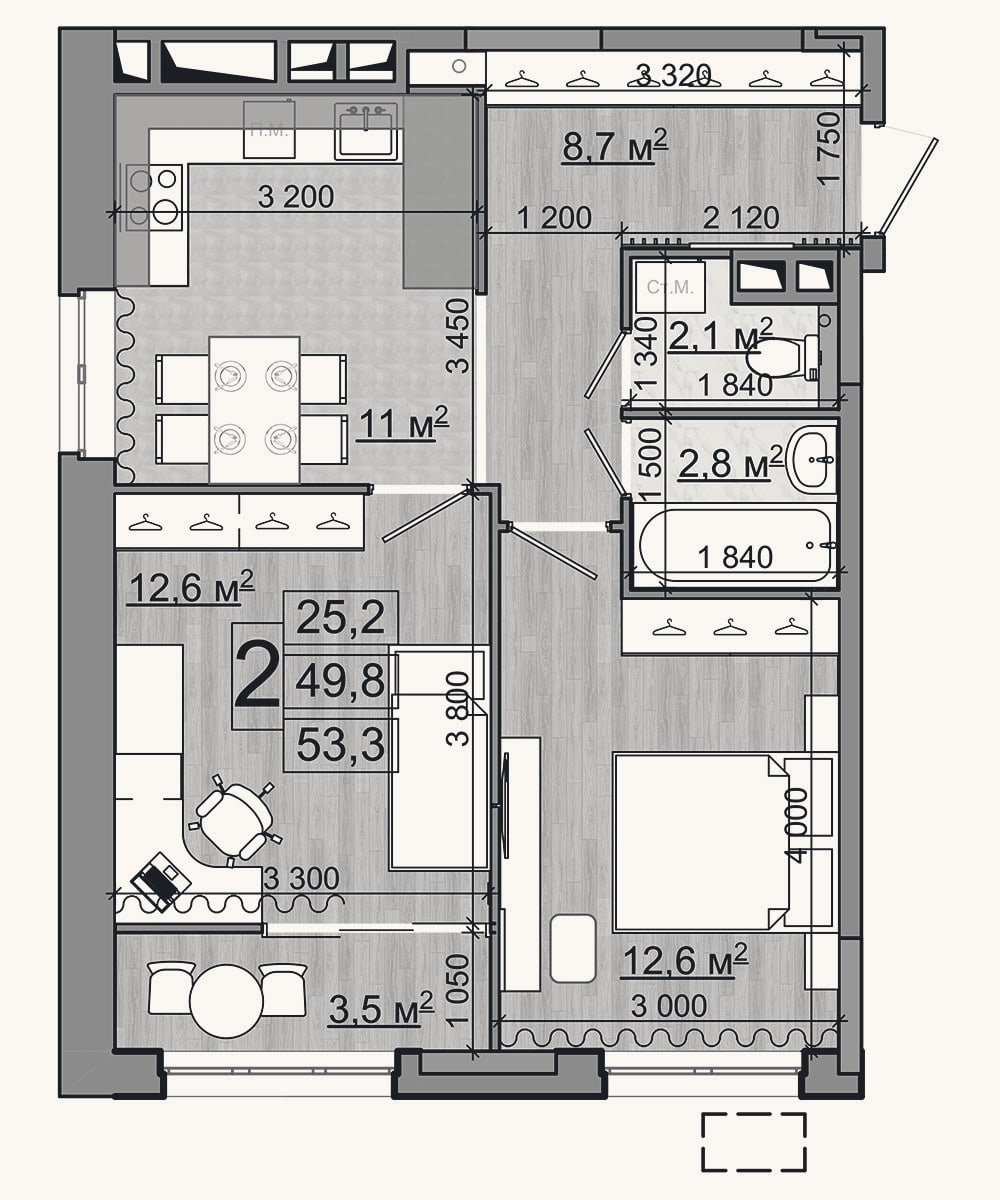 Планировка: 2-к, 49,8 м²