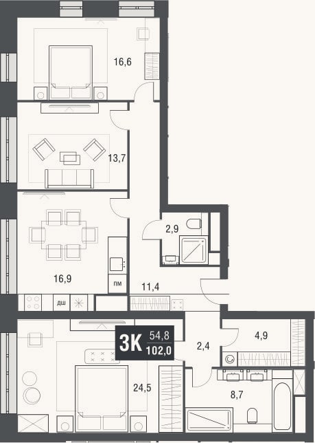 Планировка: 4+ к, 102 м²