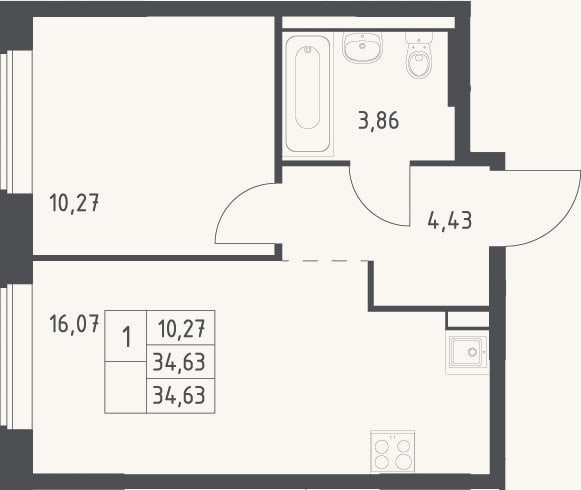 Планировка: 2-к, 34,6 м²