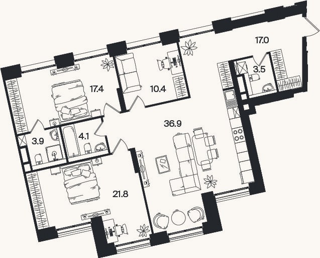 Планировка: 4+ к, 115 м²