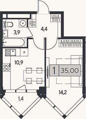 Планировка: 1-к, 33,6 м²
