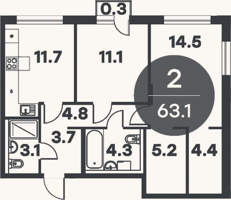 Планировка: 2-к, 62,8 м²