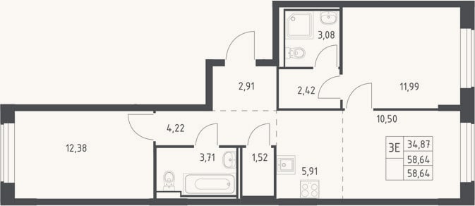 Планировка: 3-к, 58,6 м²