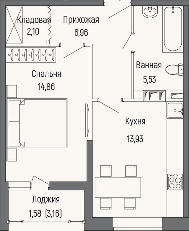 Планировка: 1-к, 43,4 м²