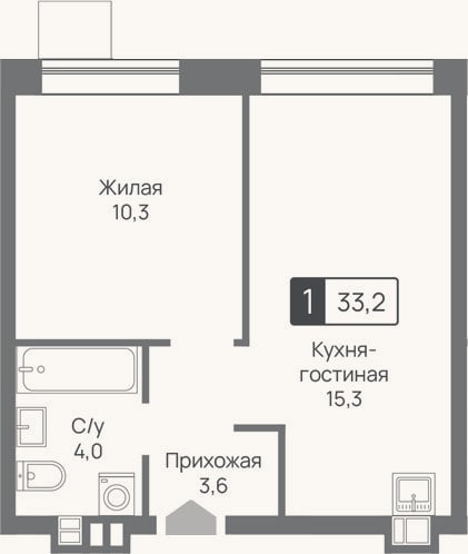 Планировка: 2-к, 33,2 м²