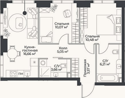 Планировка: 3-к, 55,7 м²