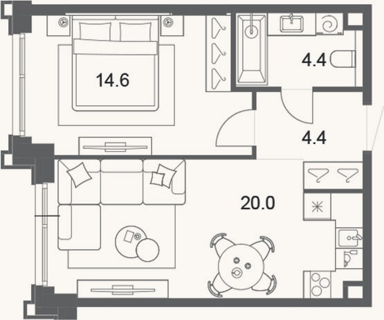 Планировка: 2-к, 43,4 м²