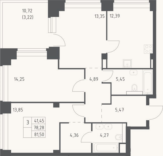 Планировка: 3-к, 78,3 м²