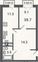 Планировка: 1-к, 38,1 м²