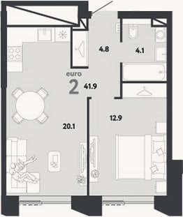 Планировка: 2-к, 41,9 м²