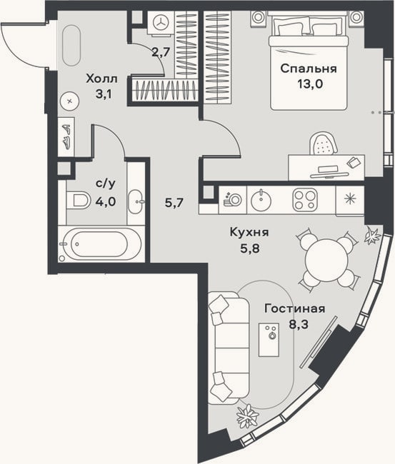 Планировка: 2-к, 42,6 м²