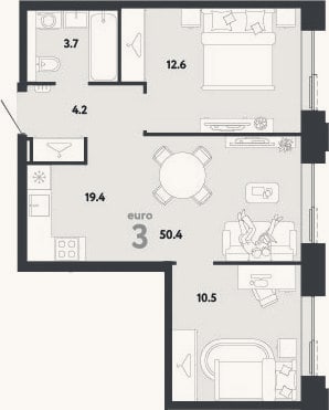 Планировка: 3-к, 50,4 м²