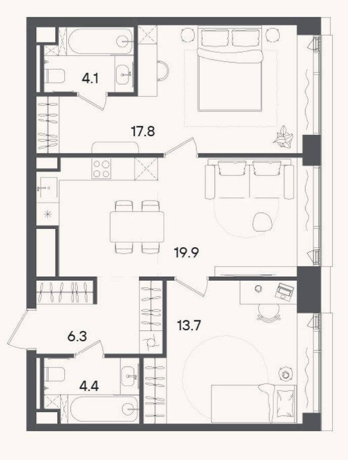 Планировка: 3-к, 66,2 м²