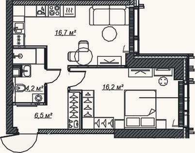 Планировка: 2-к, 43,6 м²