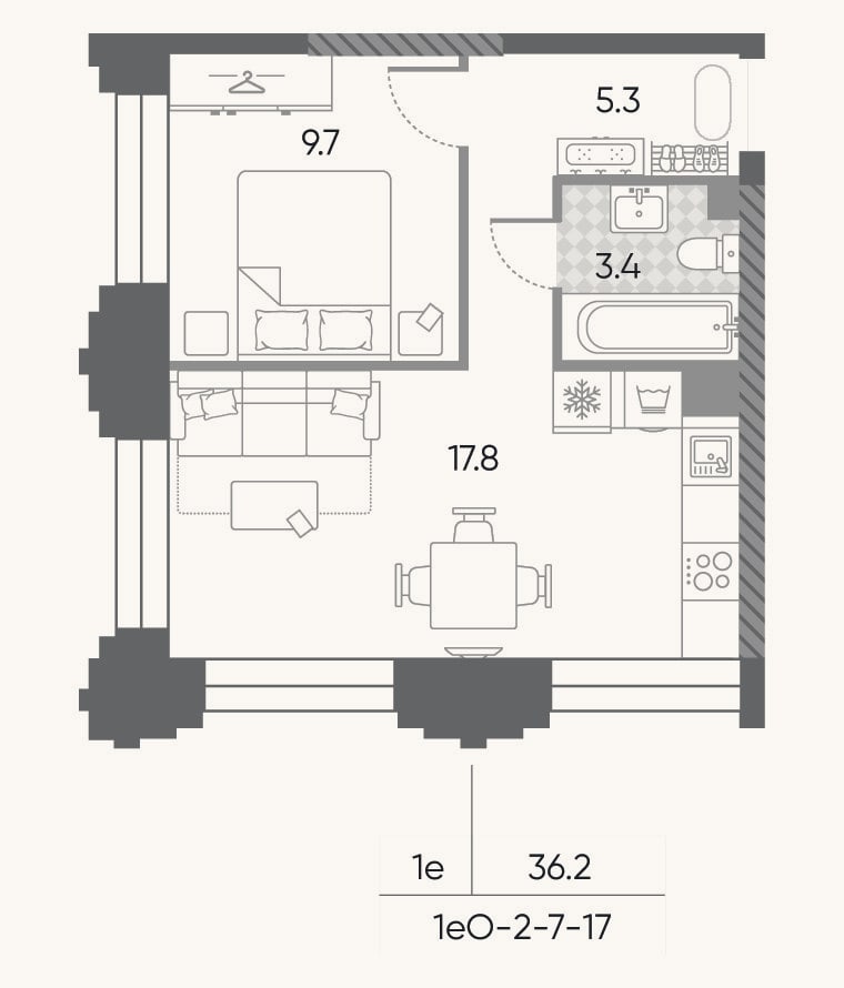 Планировка: 2-к, 36,2 м²