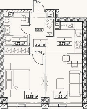 Планировка: 2-к, 39 м²