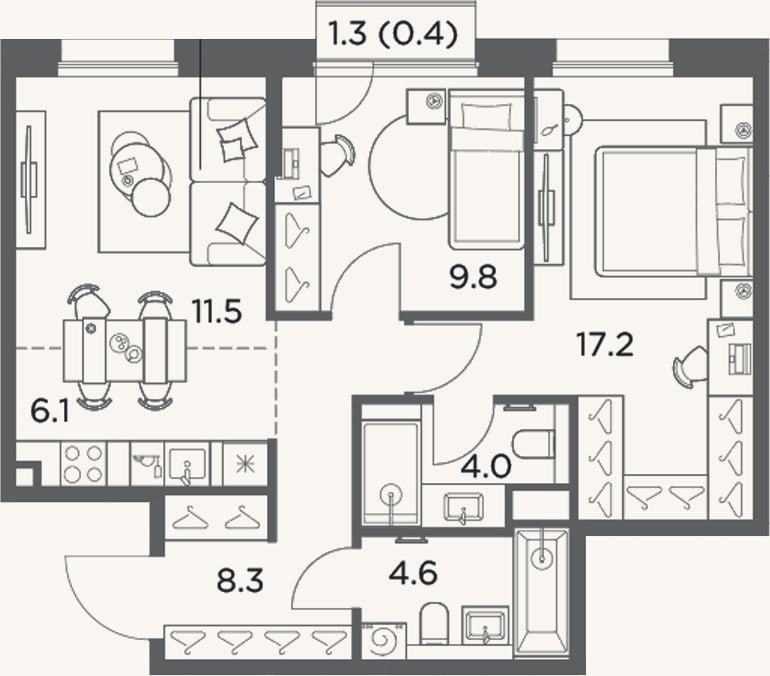 Планировка: 3-к, 61,5 м²