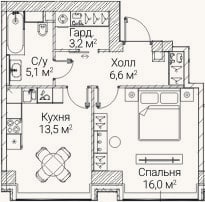 Планировка: 1-к, 44,4 м²