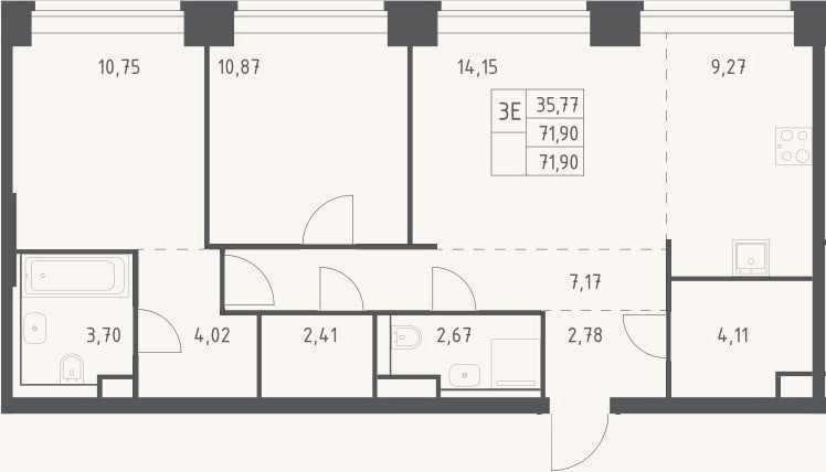Планировка: 3-к, 71,9 м²