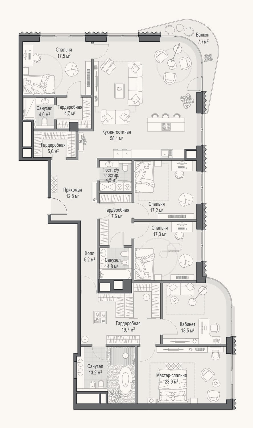 Планировка: 4+ к, 231,7 м²