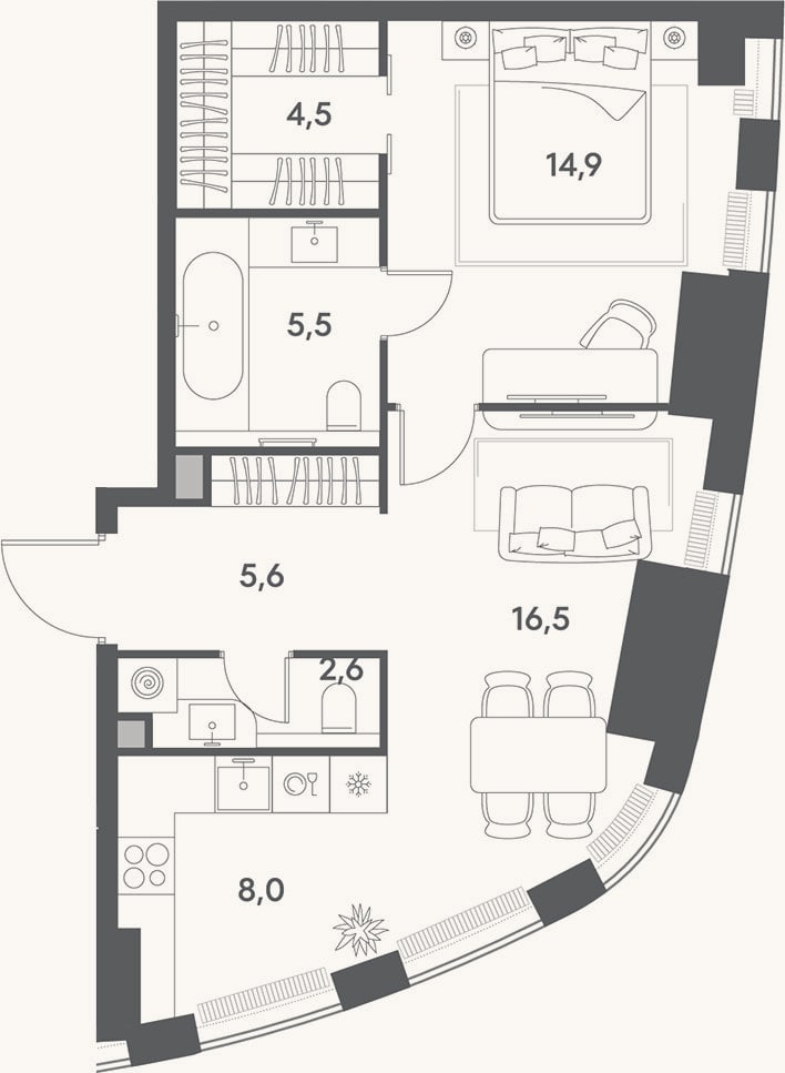 Планировка: 2-к, 57,6 м²
