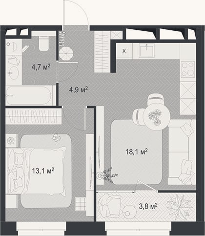 Планировка: 2-к, 40,8 м²