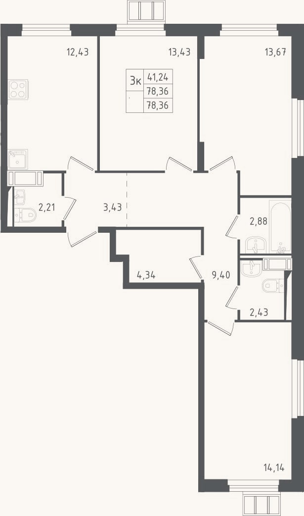 Планировка: 3-к, 78,4 м²