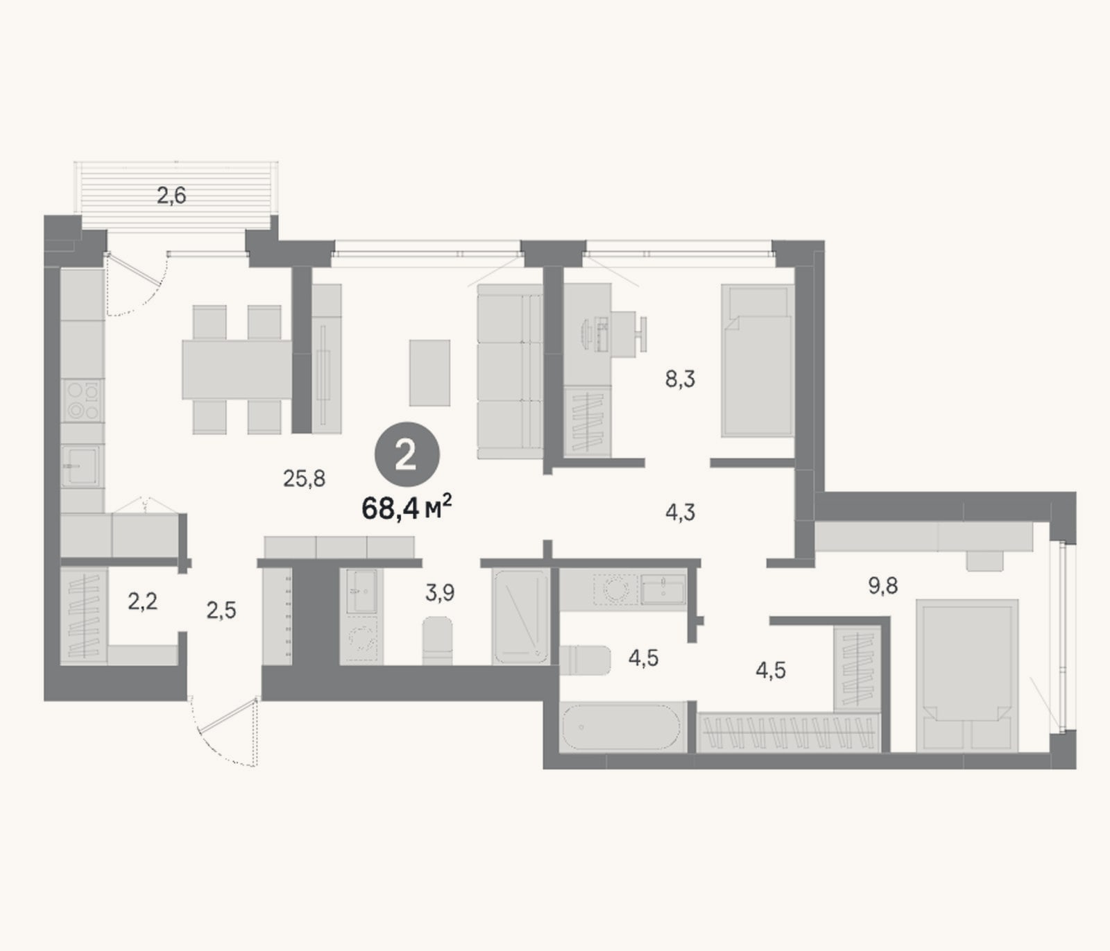 Планировка: 2-к, 65,8 м²