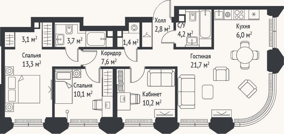 Планировка: 4+ к, 84 м²
