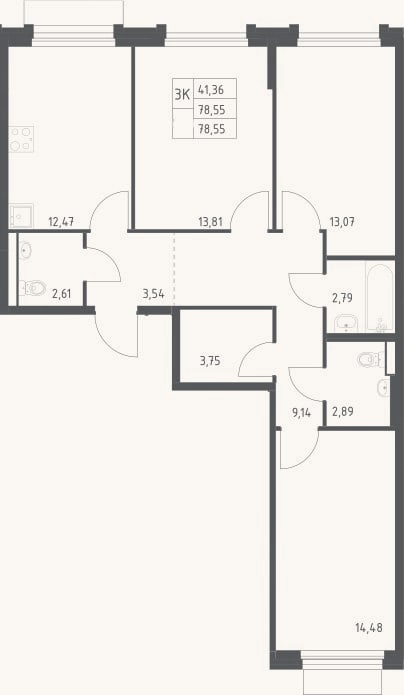 Планировка: 3-к, 76,8 м²