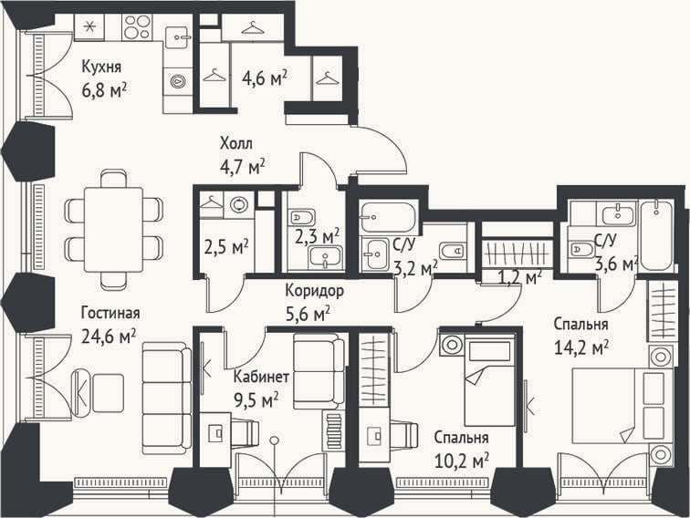 Планировка: 4+ к, 93 м²