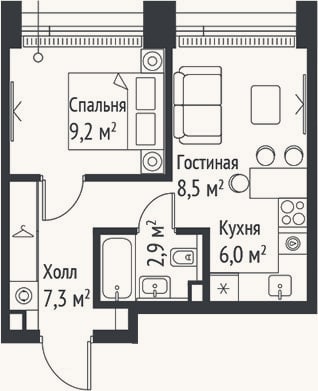 Планировка: 2-к, 33,8 м²
