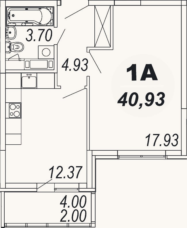 Планировка: 1-к, 38,9 м²