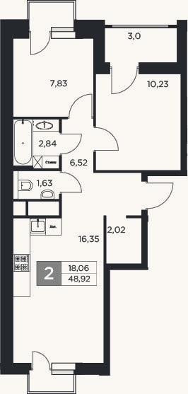 Планировка: 3-к, 47,4 м²