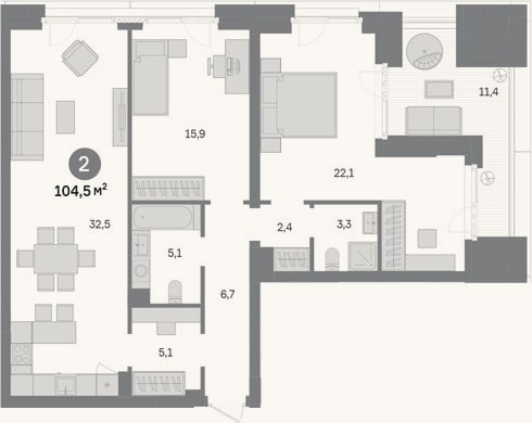 Планировка: 2-к, 93,1 м²