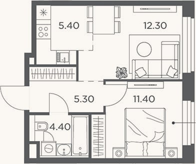 Планировка: 2-к, 38,8 м²
