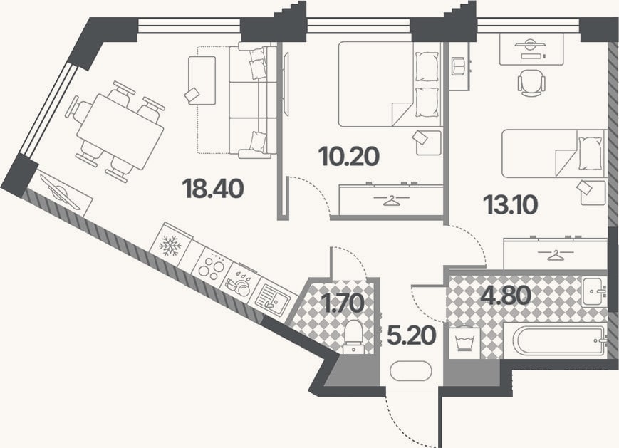 Планировка: 3-к, 53,4 м²