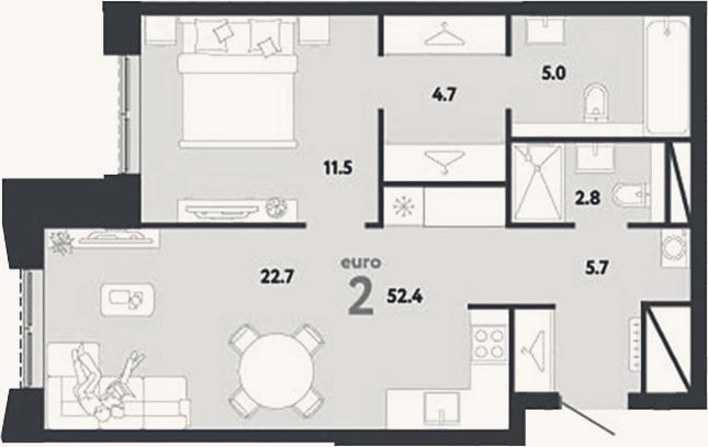 Планировка: 2-к, 52,4 м²