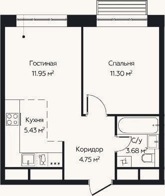Планировка: 2-к, 37,1 м²