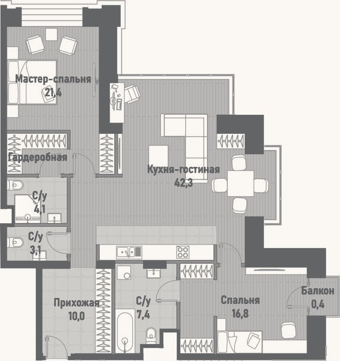 Планировка: 3-к, 105,1 м²
