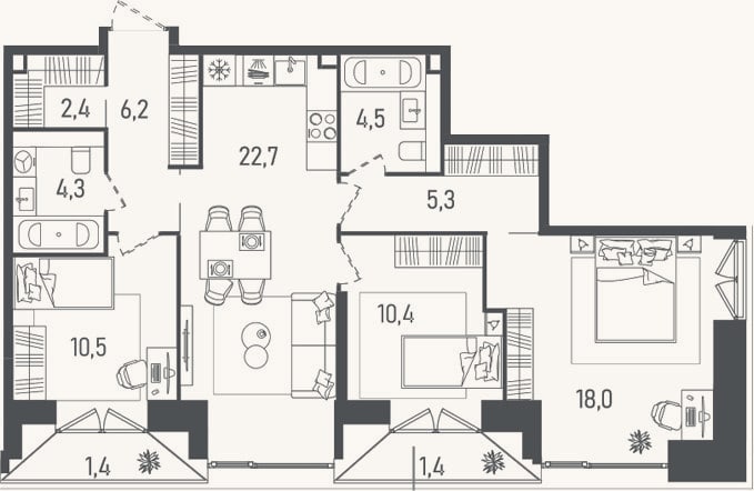 Планировка: 4+ к, 84,3 м²
