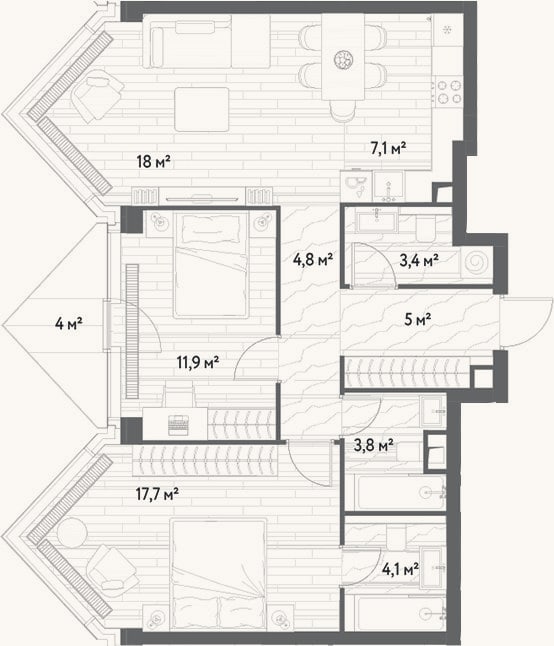 Планировка: 3-к, 75,8 м²