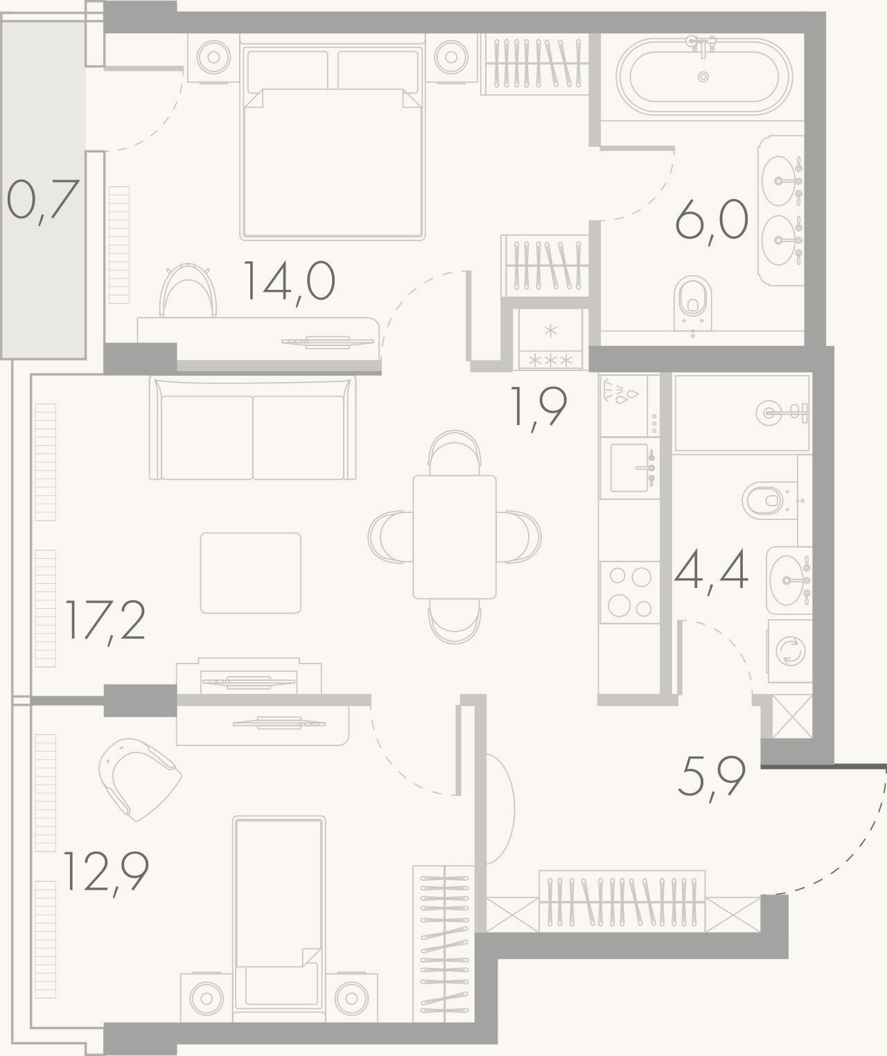 Планировка: 3-к, 64,4 м²